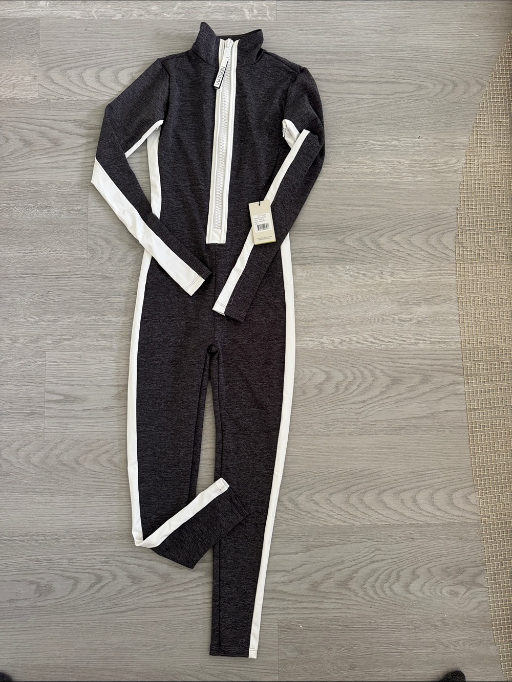 Watskin grey bathing suit with White Stripe Trim